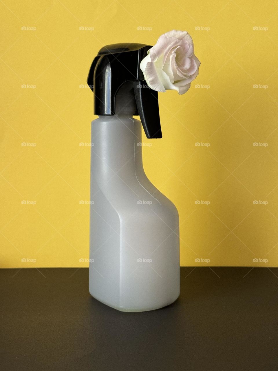 Dispenser with flower on yellow background