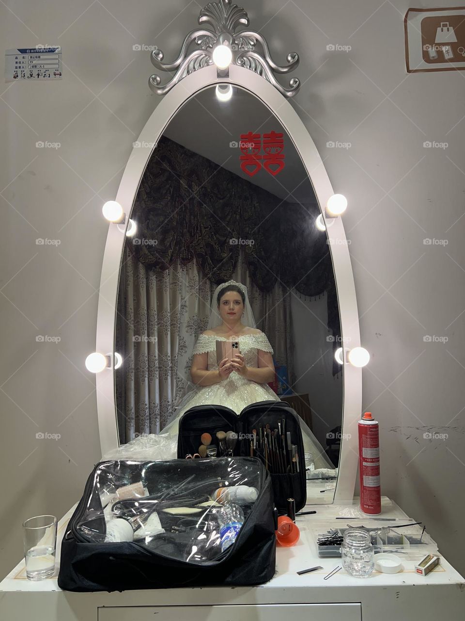 Bridal selfie in a big make-up mirror with my princess dress.