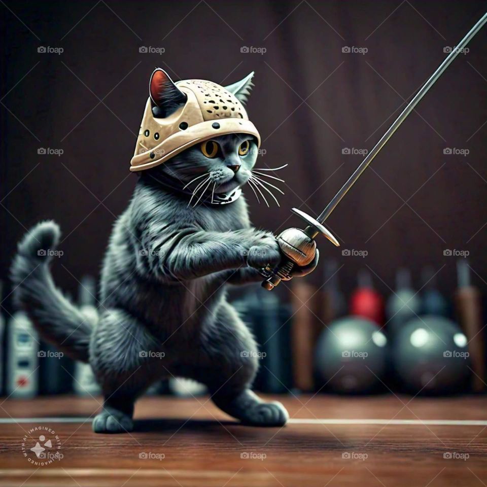 Cat fencing in the Olympics, funny cat AI fencing image, cat on guard 