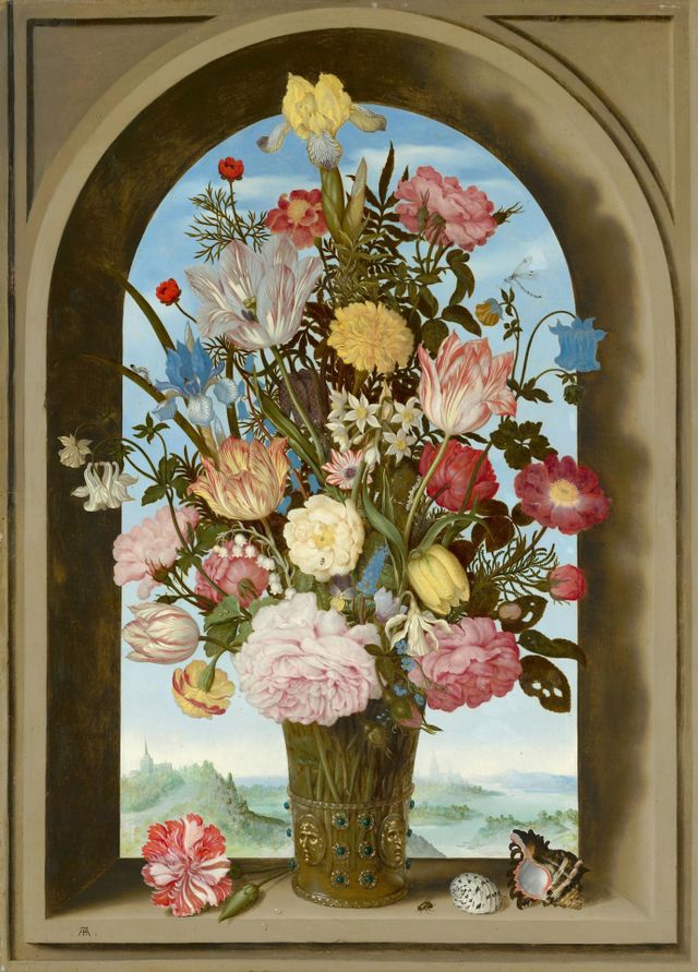 pink and yellow flowers painting

Vase of Flowers in a Window.