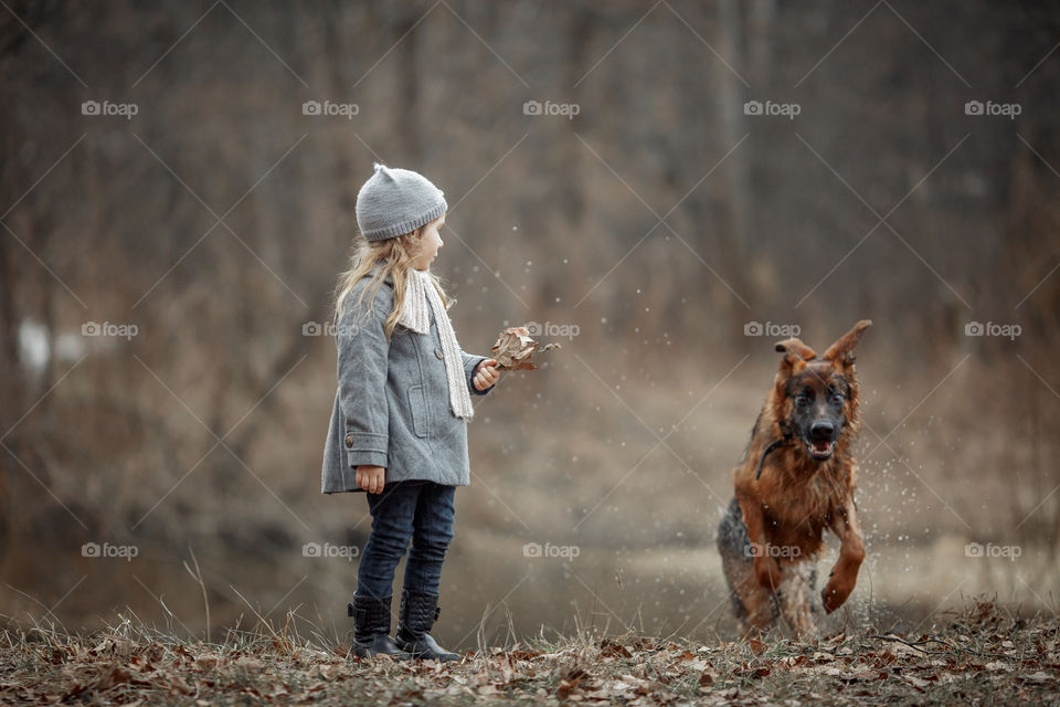 Little girl with German shepherd young male dog walking outdoor at spring day