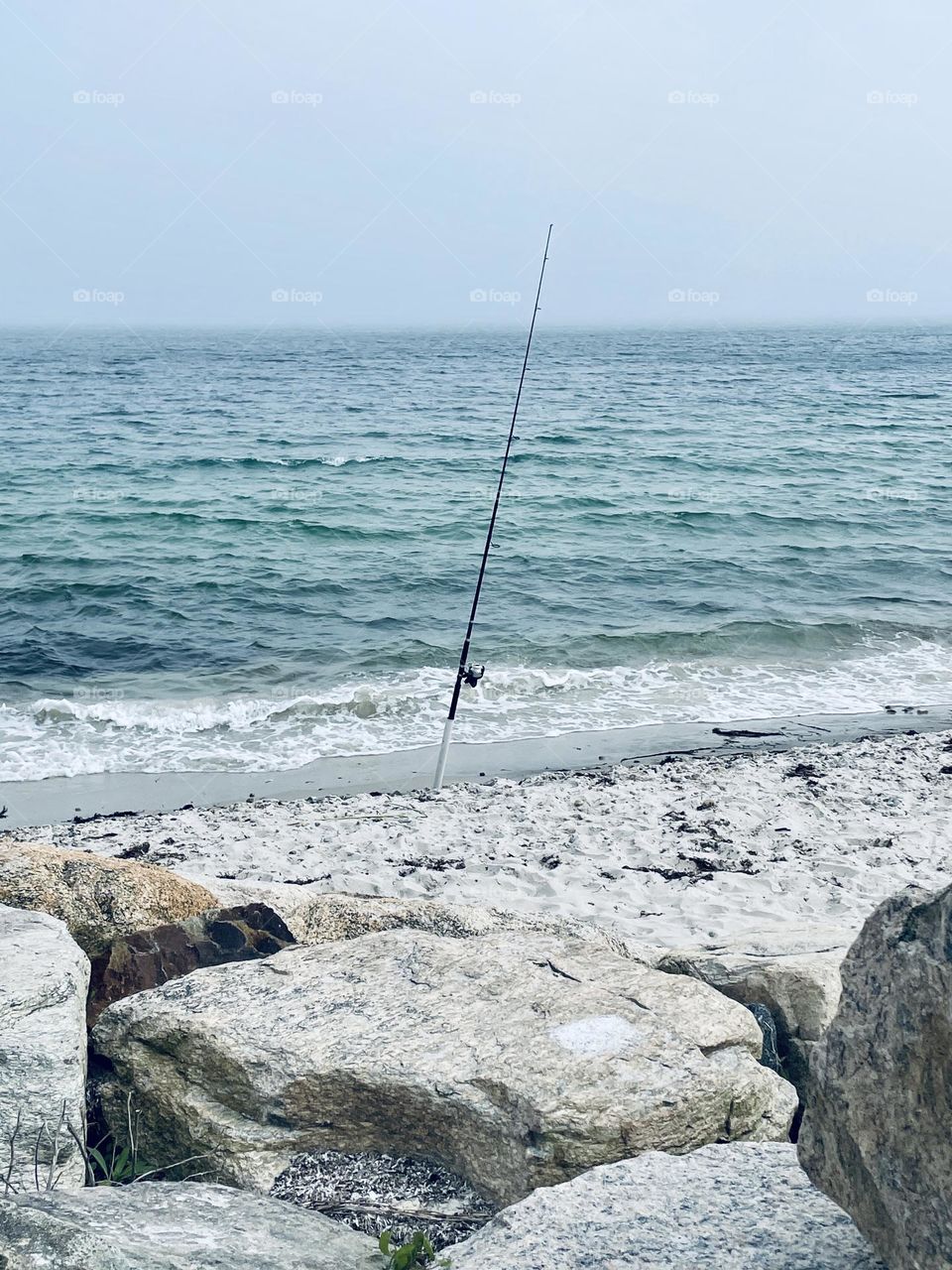 A saltwater fishing pole stands upright in the sand, poised for action on a quiet Cape Cod beach, with the Atlantic Ocean stretching out under a soft horizon.