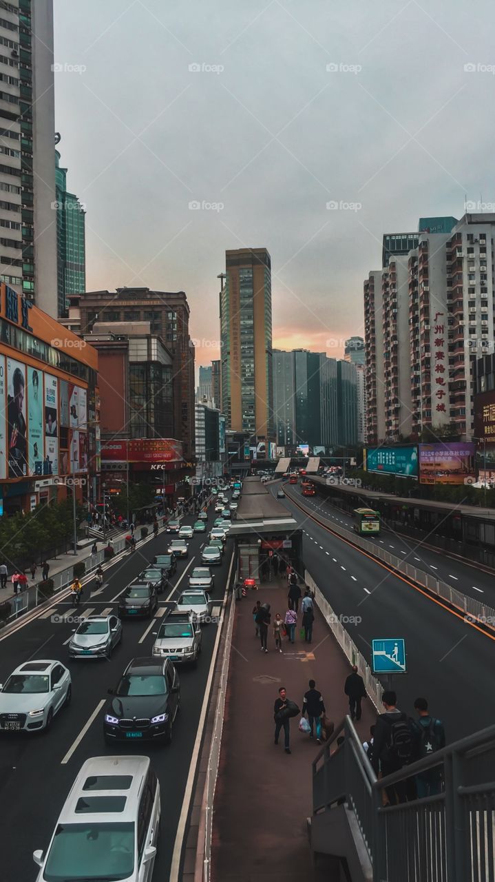 Sunset in the bus stop with leading lines 