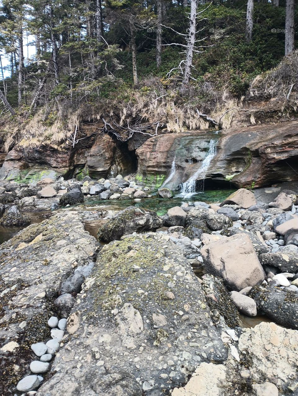 mini waterfall found on rocky coastline of Oregon, beautiful scenery, unique place on partly cloudy day