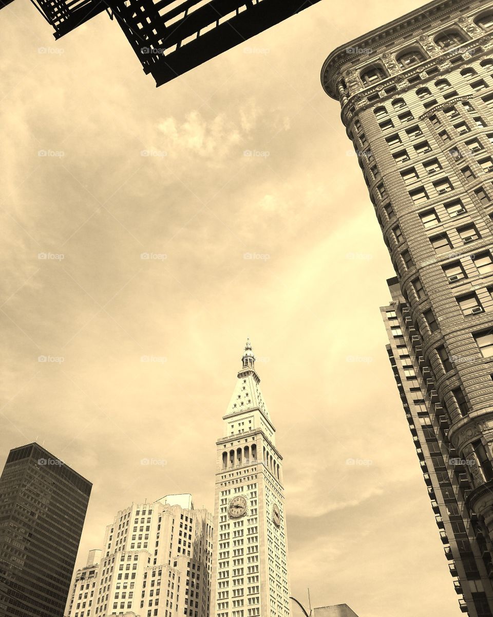 New York City - July 2017 - Side of Flatiron Building and Madison Square Park - Taken on Android Phone - Galaxy S7 - Sepia Filter