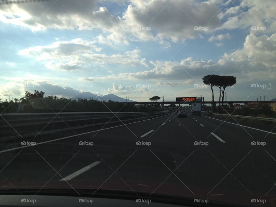 Passing near Vesuvius. The expressway A30 from Salerno to Caserta. Just after the galery of Castel SanGiorgio you can see big Vesuvius in front