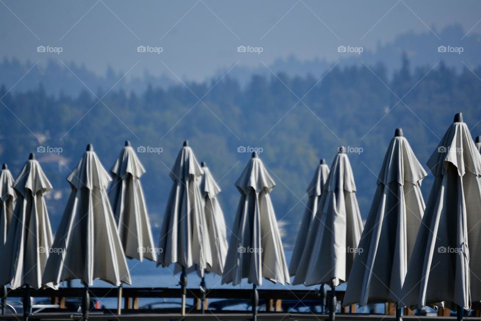 Umbrellas closed at waterside beach club