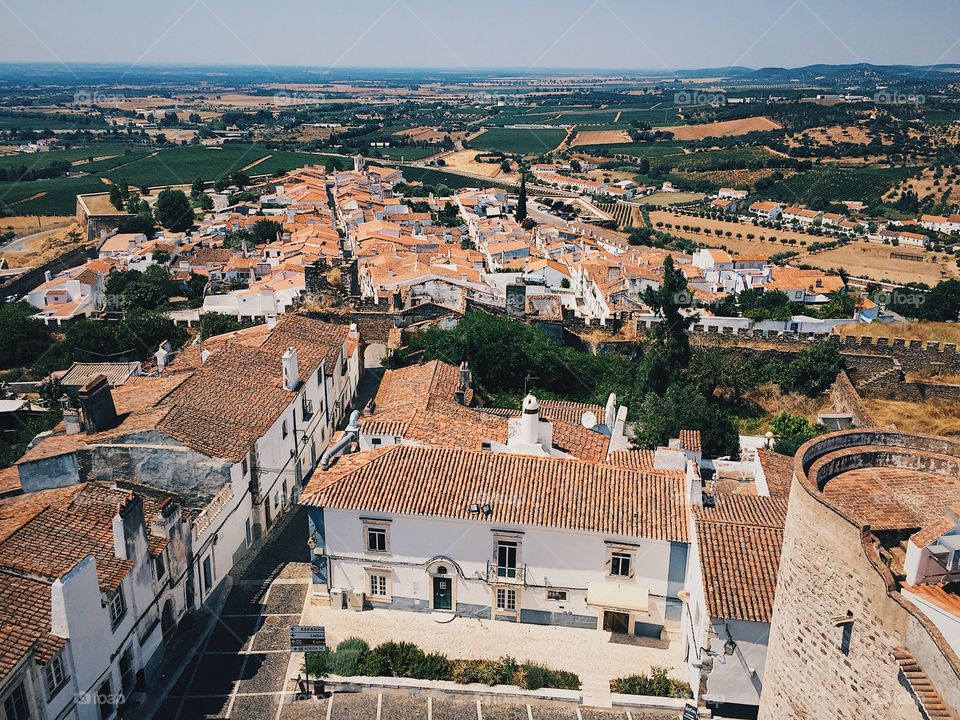 View of city Estremoz, Portugal, from tower made of marble 