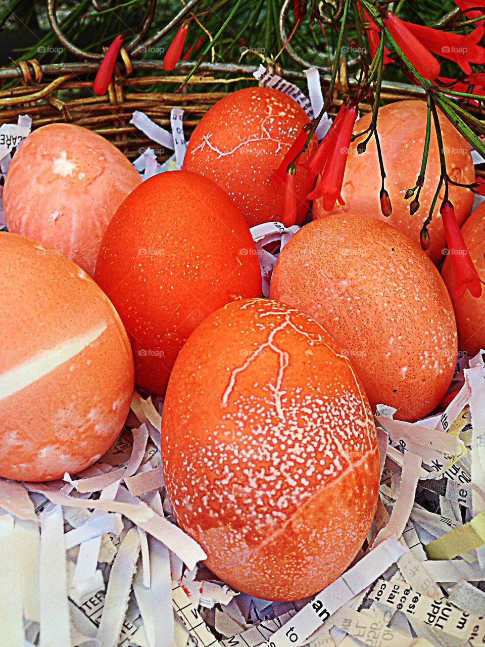 The various textures of orange dip dyed eggs.