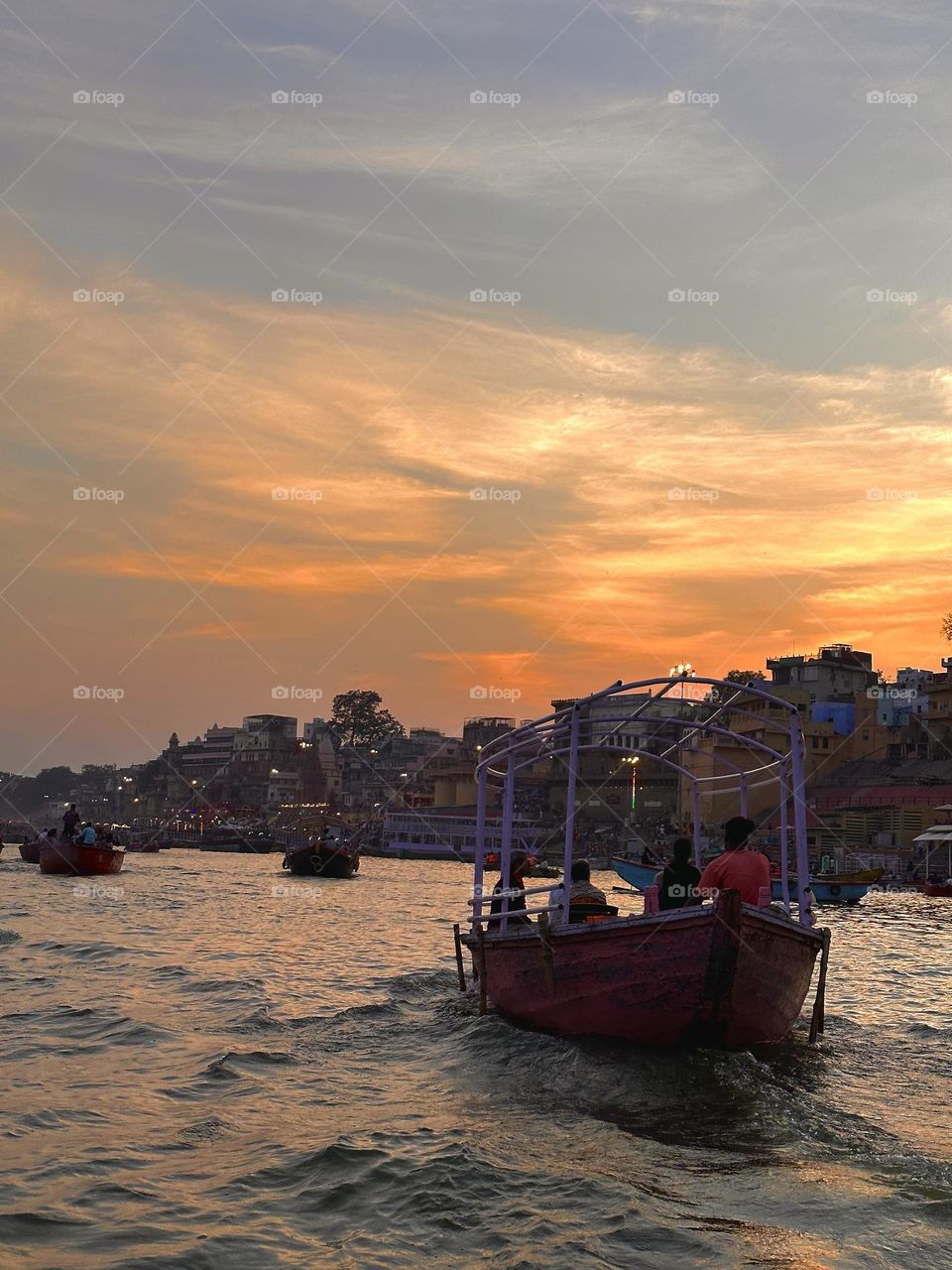 Evening with sunset view at ghats of Varanasi, India