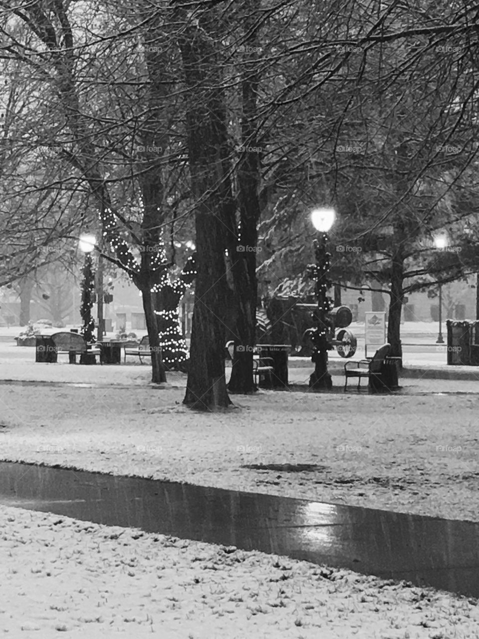 Picture of the town square during the first snow of the season.