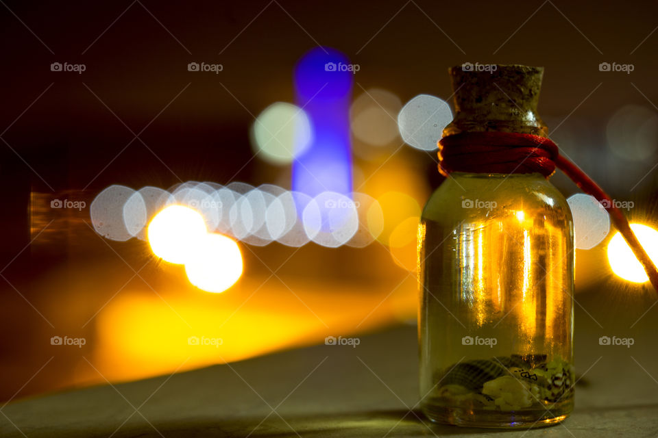 Seashells in glass bottle