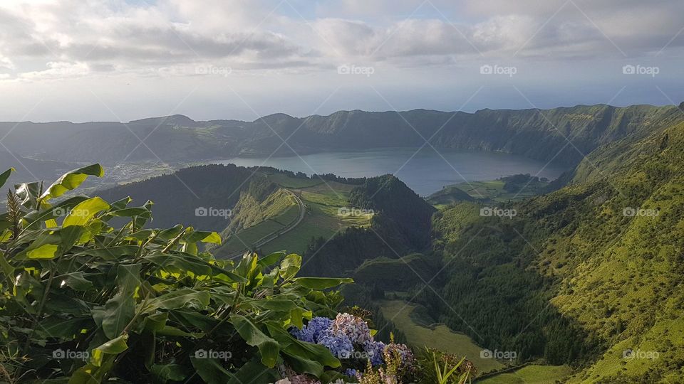 View of the old crater, Lagoa Azul, near Sete Cidades from the point of view Grota do Inferno, São Miguel, Azores