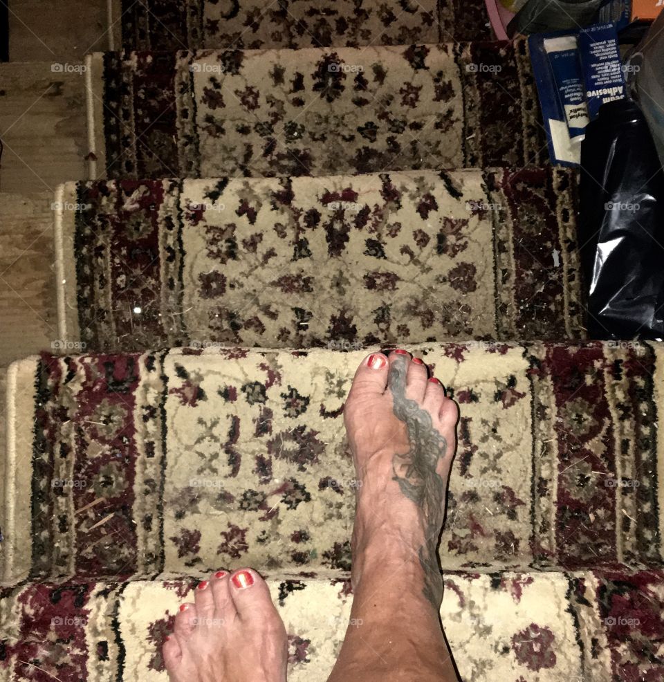 I see my feet as I start going down into our cellar. The steps have a rug on them for safety.