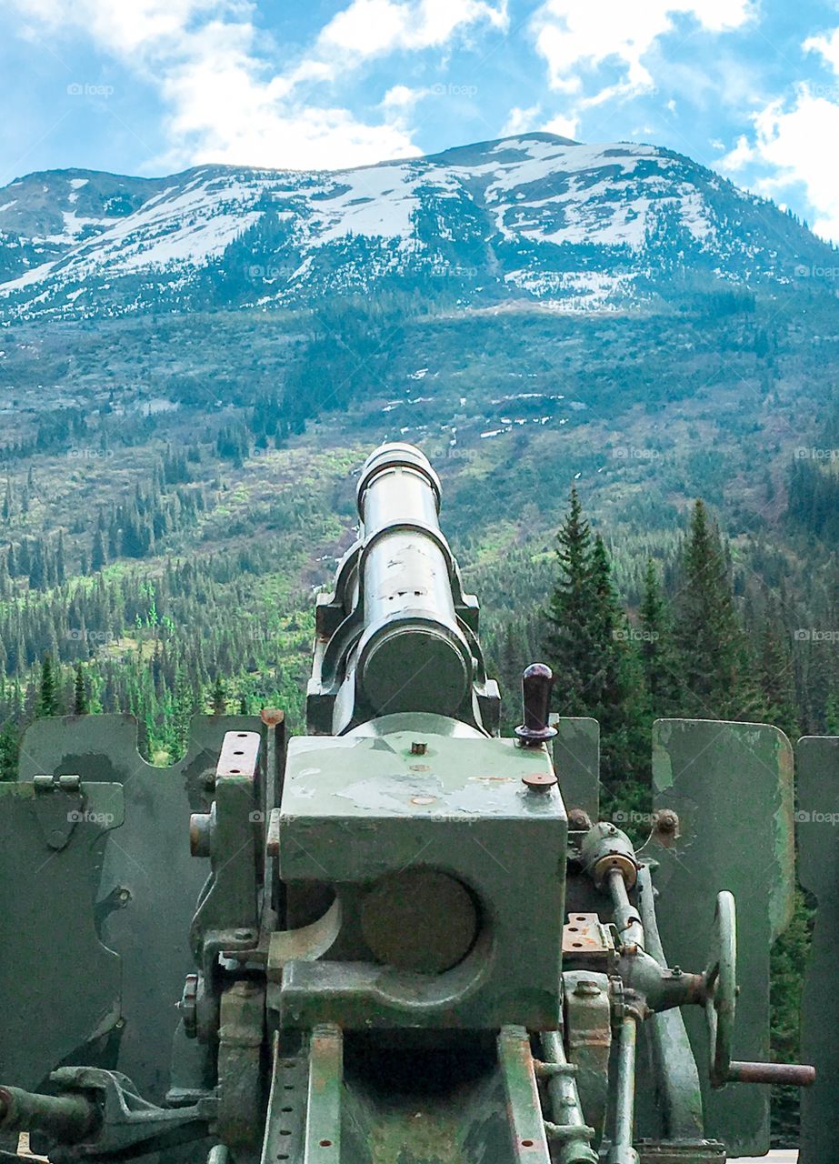 Canada's Rocky Mountains, a snowy alpine peak view pointing in the direction of the Avalanche cannon along the transcanada highway 