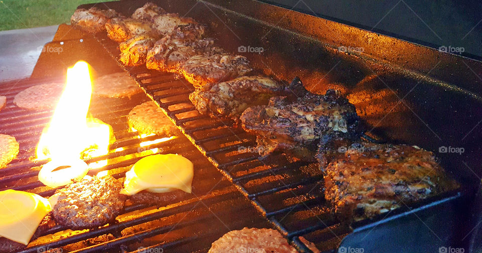cooking, grilling, burgers, chicken, meat on fire