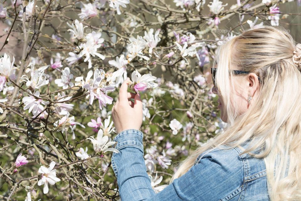 Women with long blonde hair by beautiful blooming magnolia tree on a sunny day at spring 