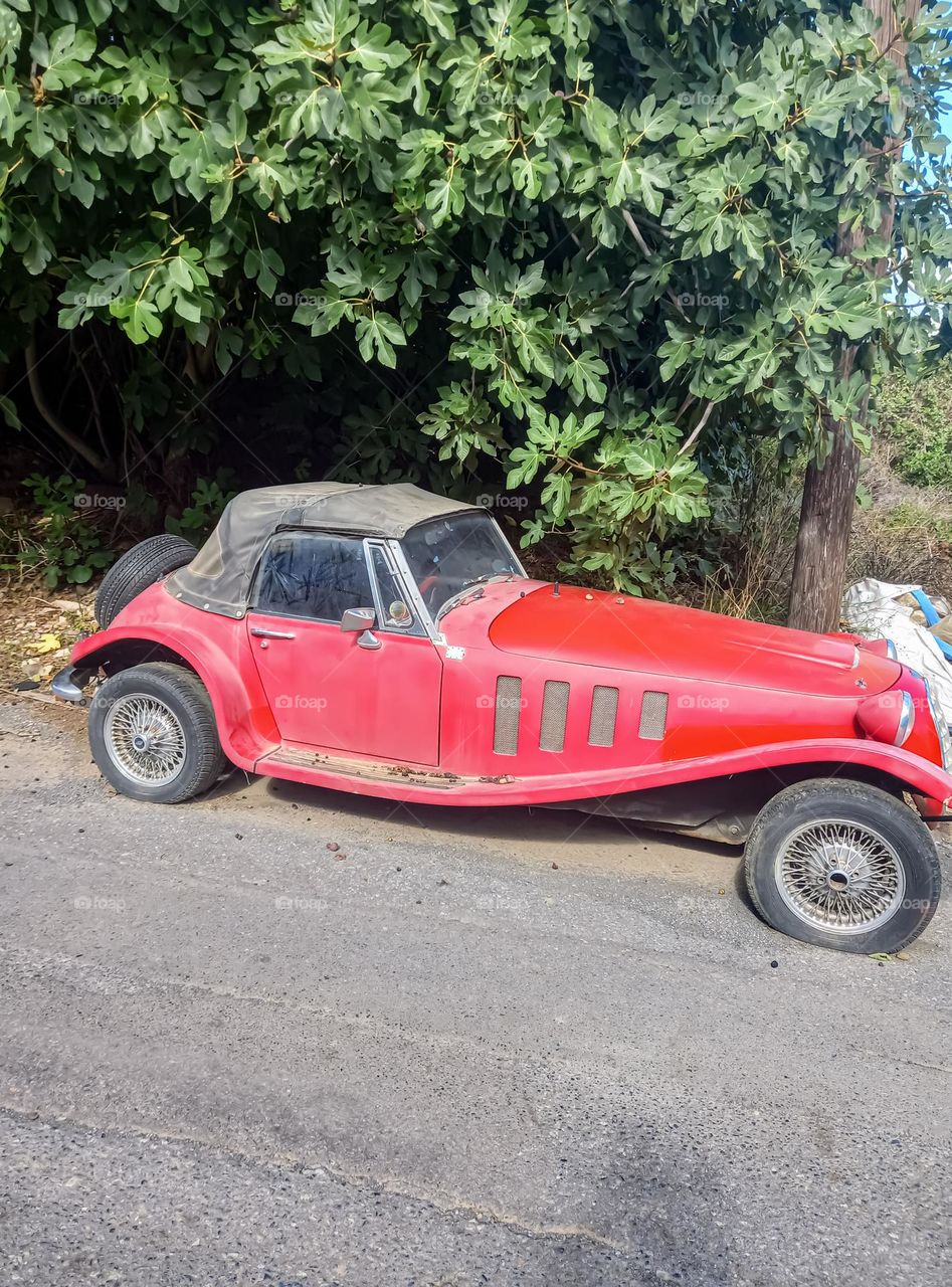 A vintage,old , red car near a tree