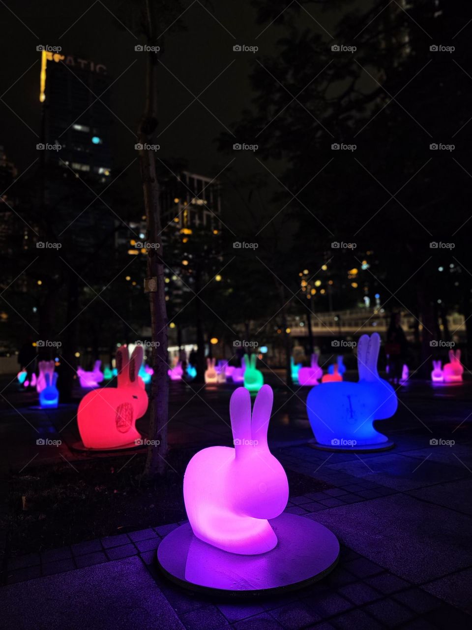 Colorful lighted Easter Bunnies at Hong Kong Victoria Park