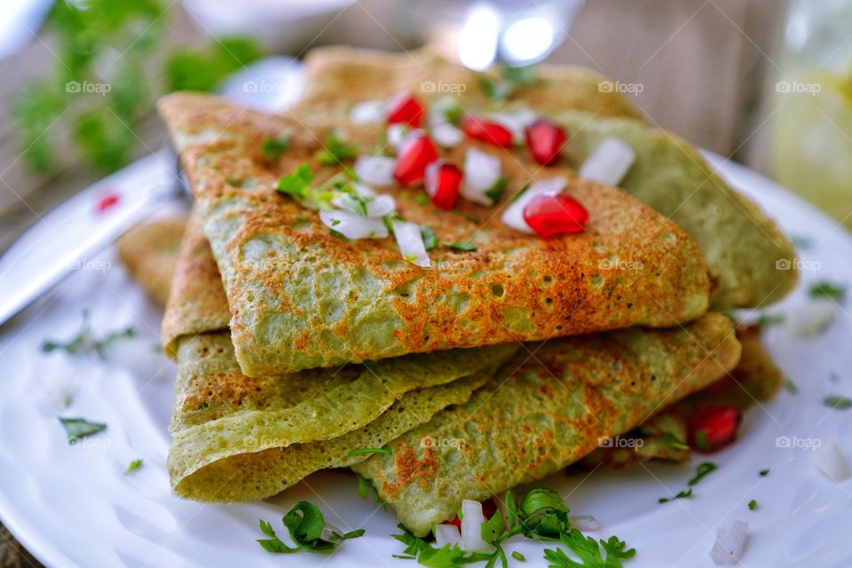 close up shoot of high protein green lentil dosa.