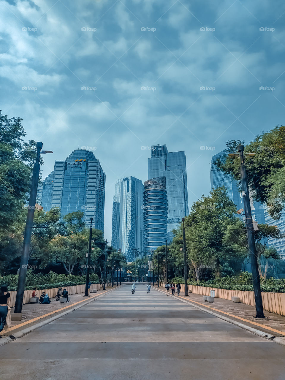 Street at Gelora Bung Karno Sport Complex with background buildings at Sudirman Central Business District (SCBD) in Jakarta