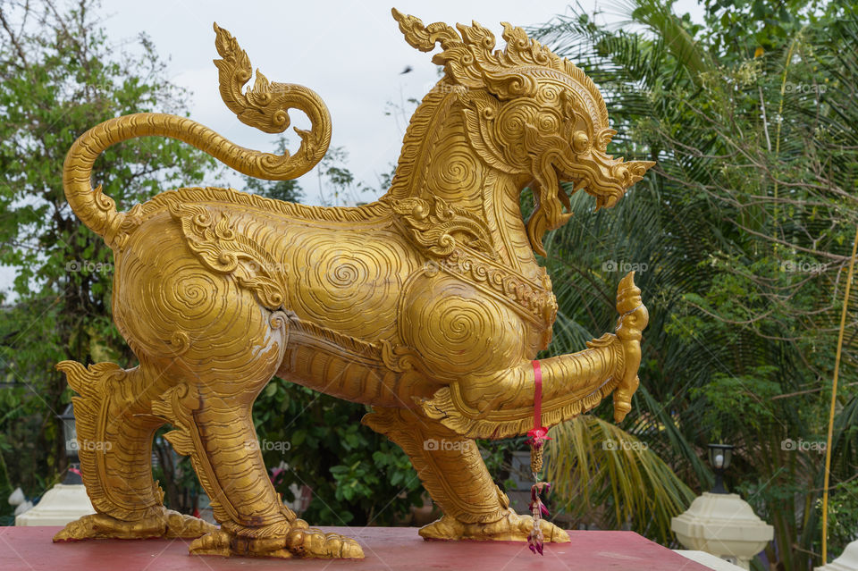 Gold Singha statue or gold lion statue