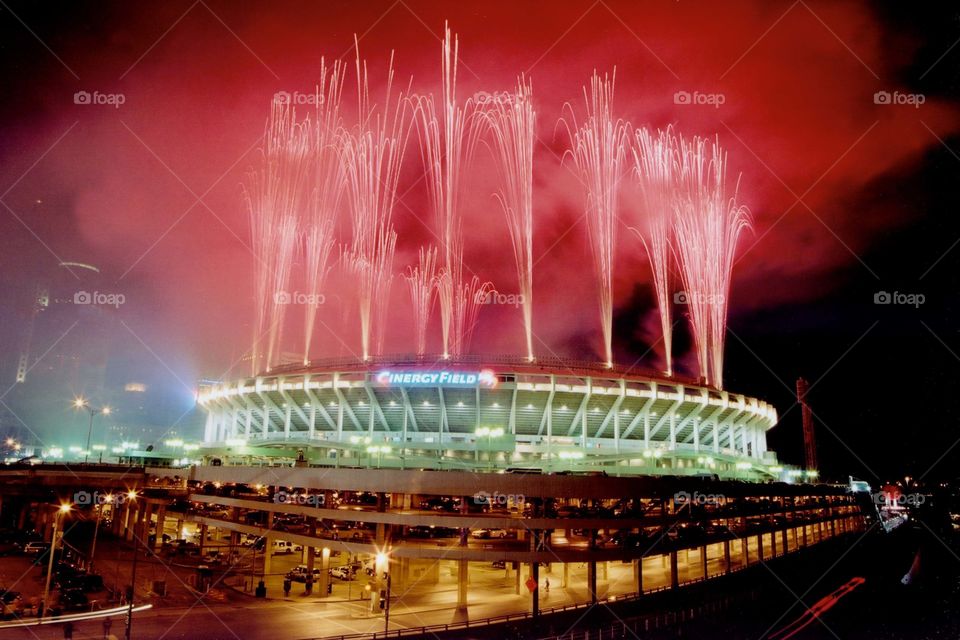 Fireworks show from the last night game at Cinergy Field for the Cincinnati Reds. 