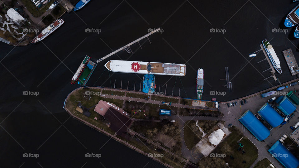 Cargo Barges parked in waterfront top view