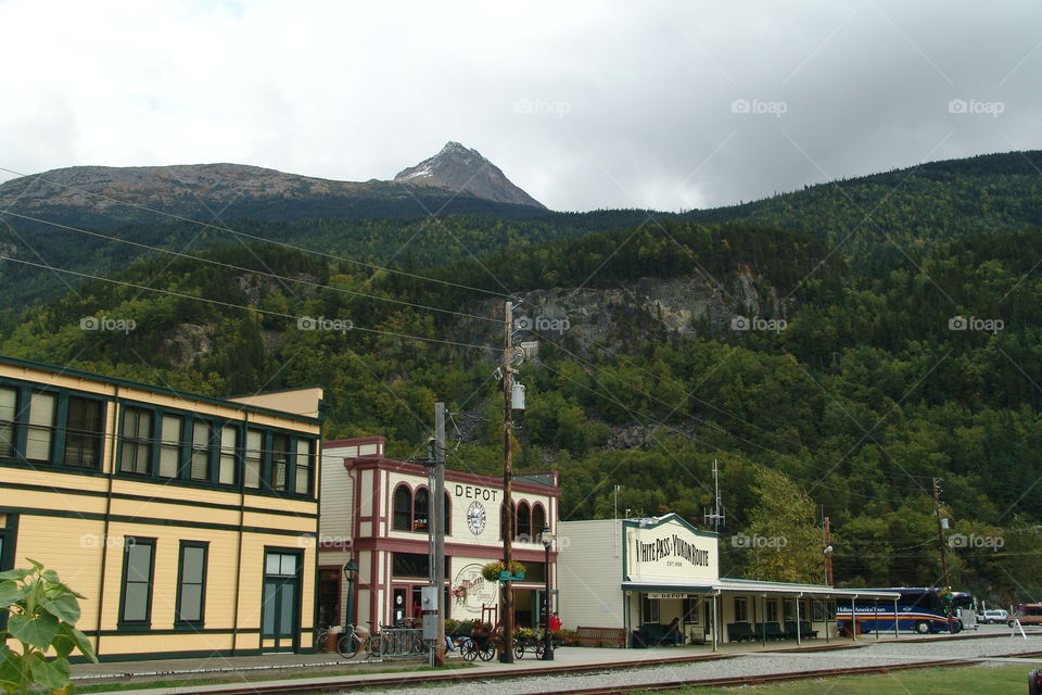town with mountain backdrop