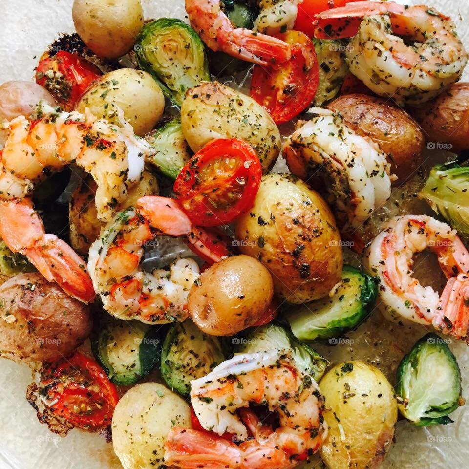 Grilled Shrimp, potatoes, tomatoes & herbs 