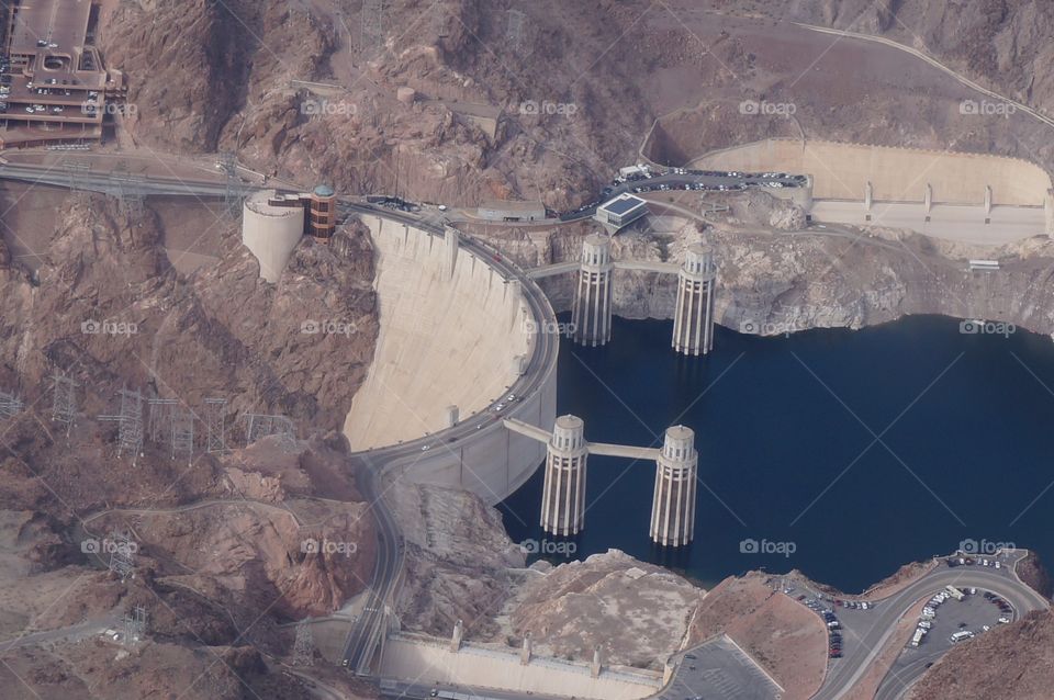 Ariel side view of Hoover Dam.