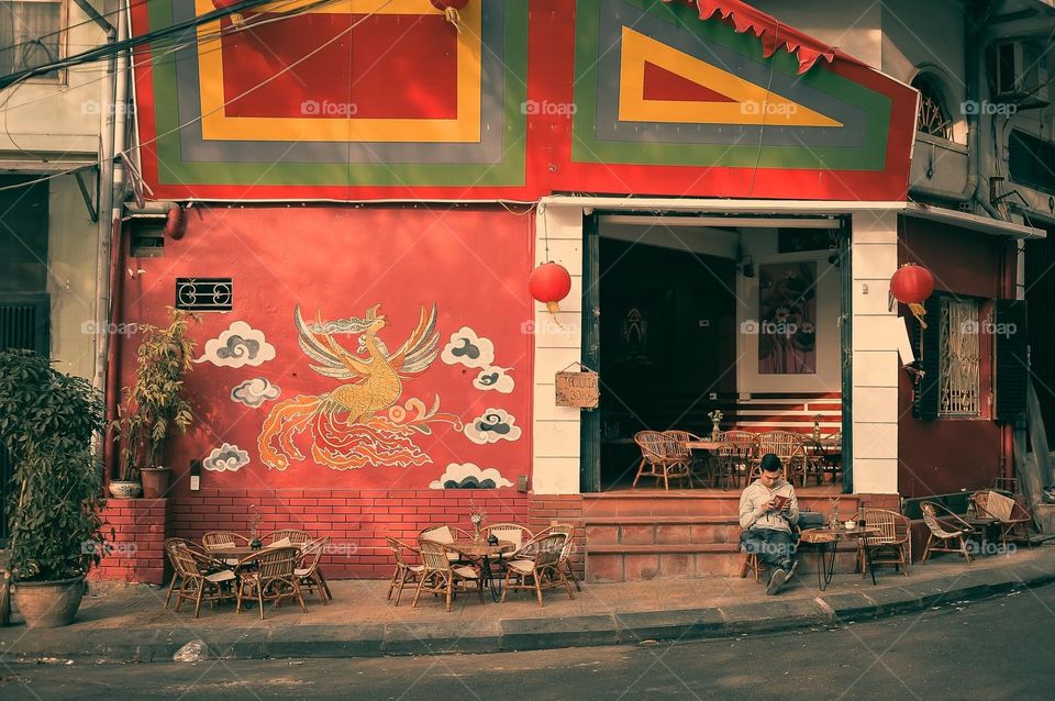 A coffee shop with traditional painting in Viet Nam