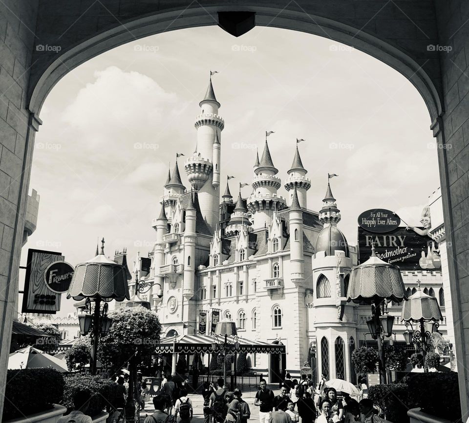 Castle in fairy tales in black and white
