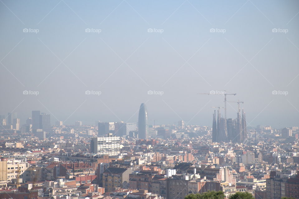 Foggy day in Barcelona city