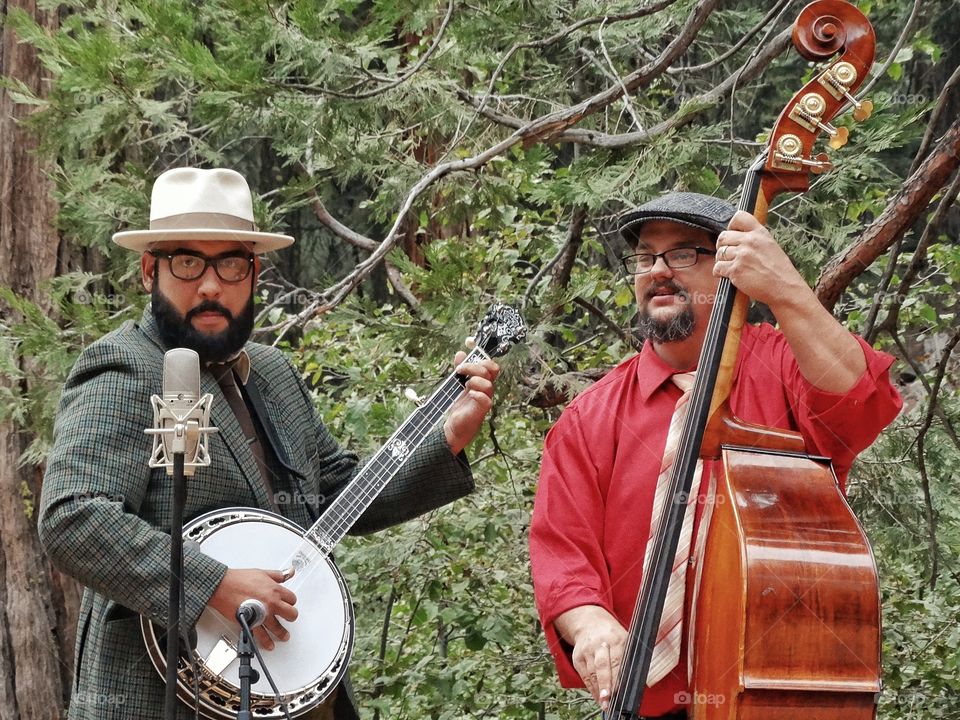 Bluegrass Musicians. Folk Music Duo Playing Banjo And Bass