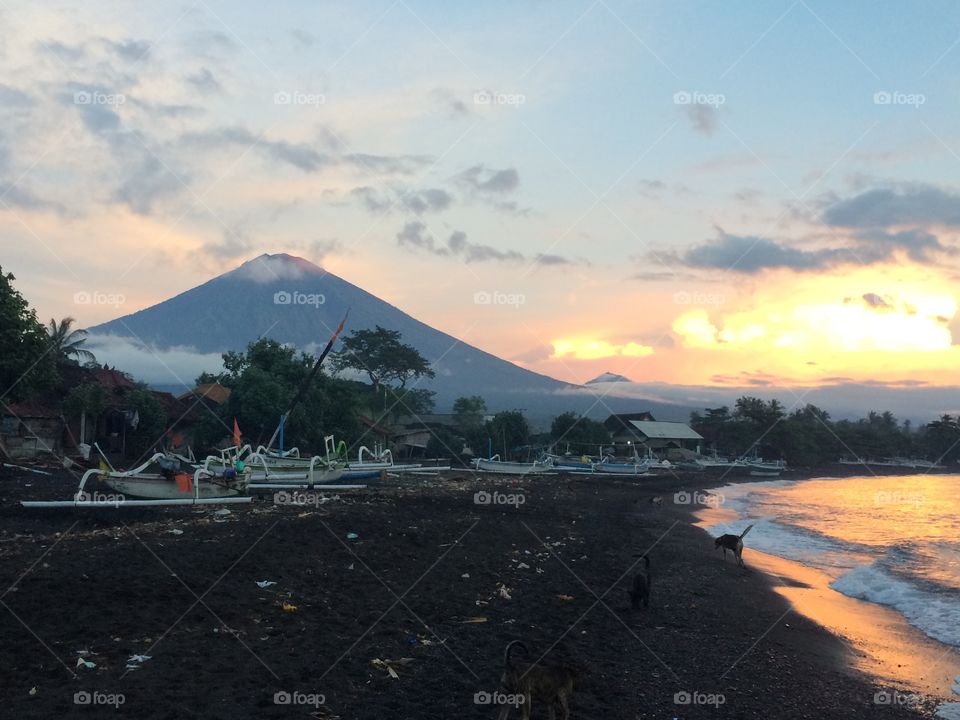Mount Agung lays sleeping in pre-dawn Bali.