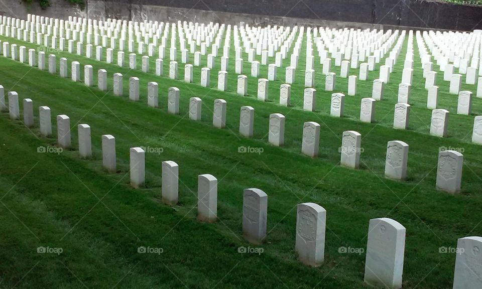 Union soldier's stones lined up as if standing at Attention
