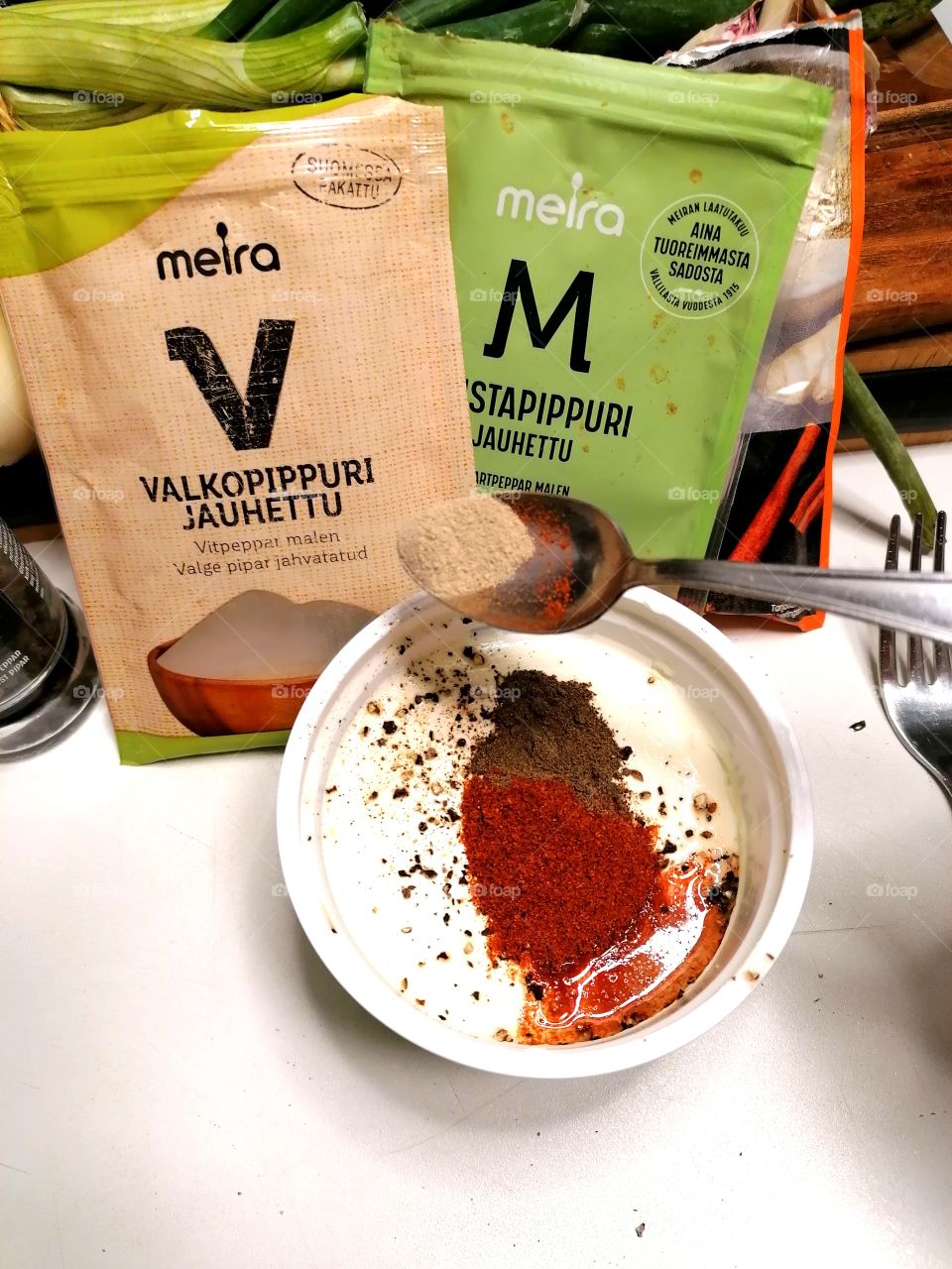 Coming to a seasoned sour cream as a dip for deep-fried chickens. Salt, pepper powder, white and black pepper powder. So good!