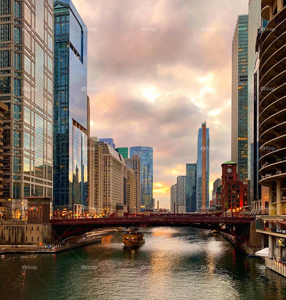 View of the city and the Chicago River from a bridge—taken in Chicago, Illinois 
