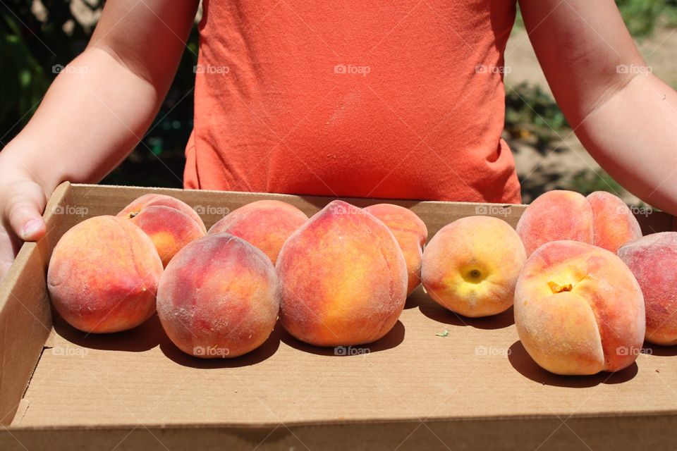 A person carrying peaches