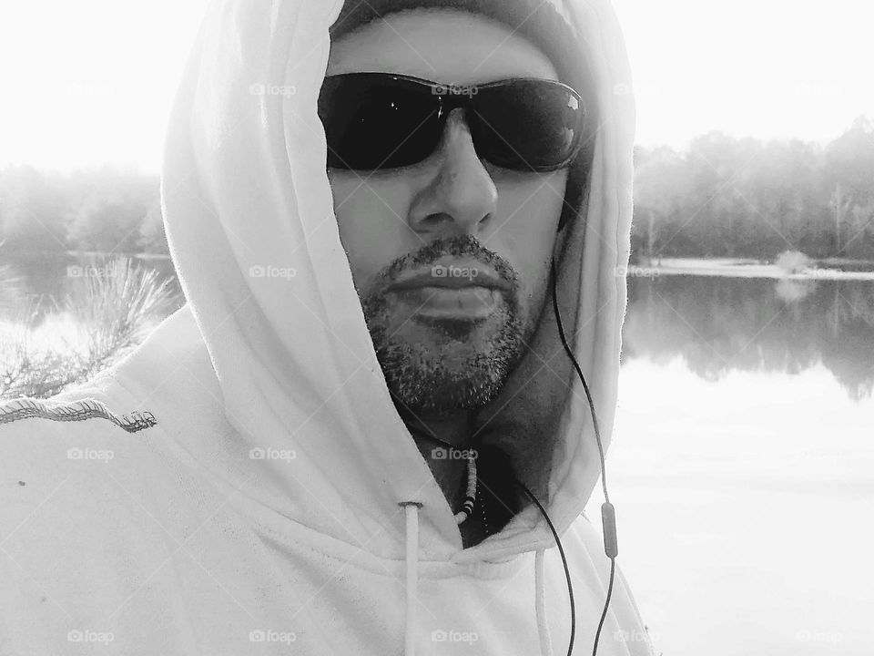 a selfie of me at a lake in Vidor Texas United States of America January 2018 black and white close up