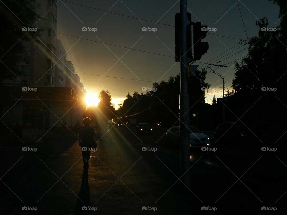 Street, Sunset, Road, Light, City