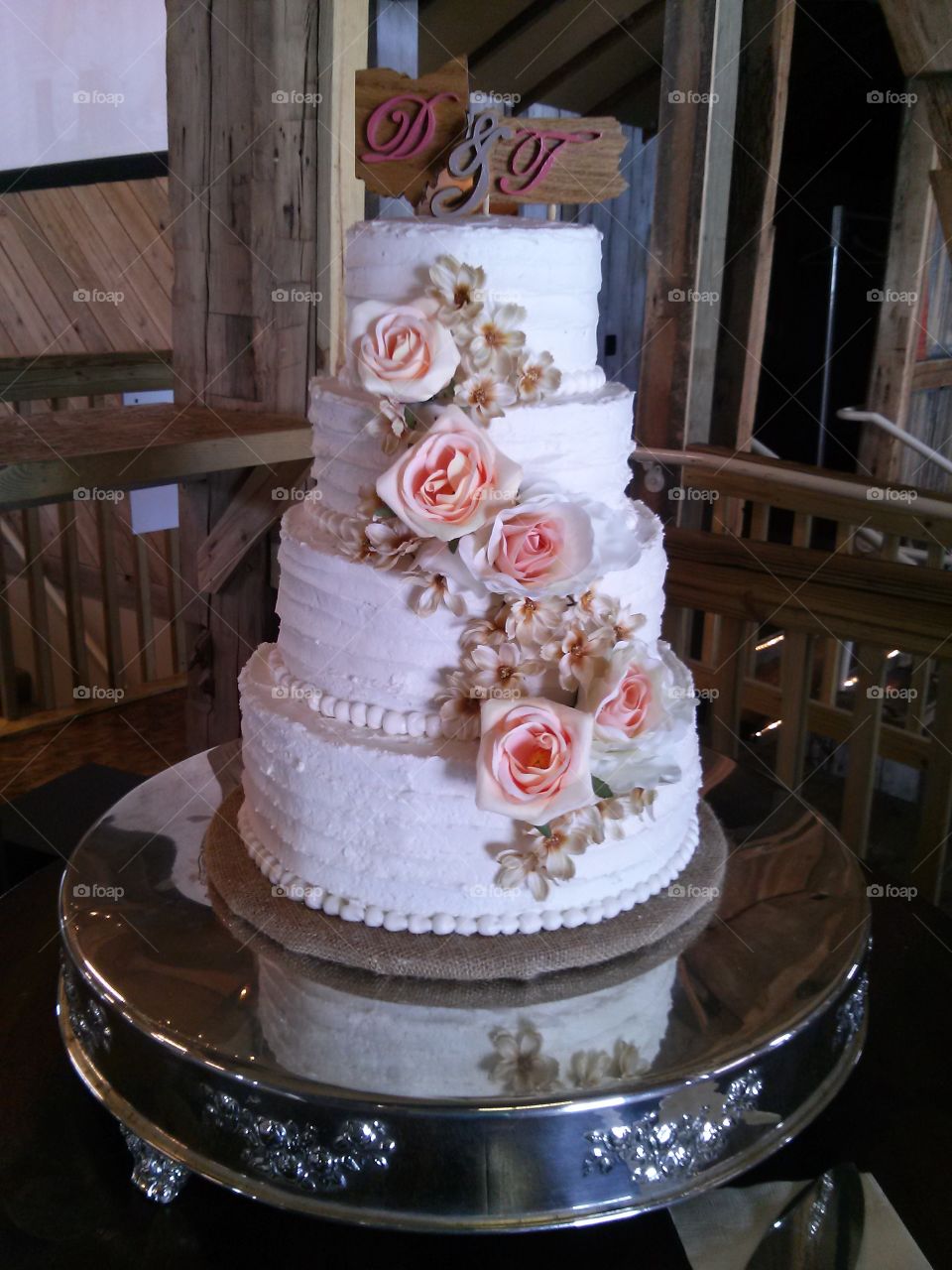 D&T Wedding! Congratulations!. Cake for the wedding! white cake made to look like dogwood, simple pink flowers with cream accent flowers wood top