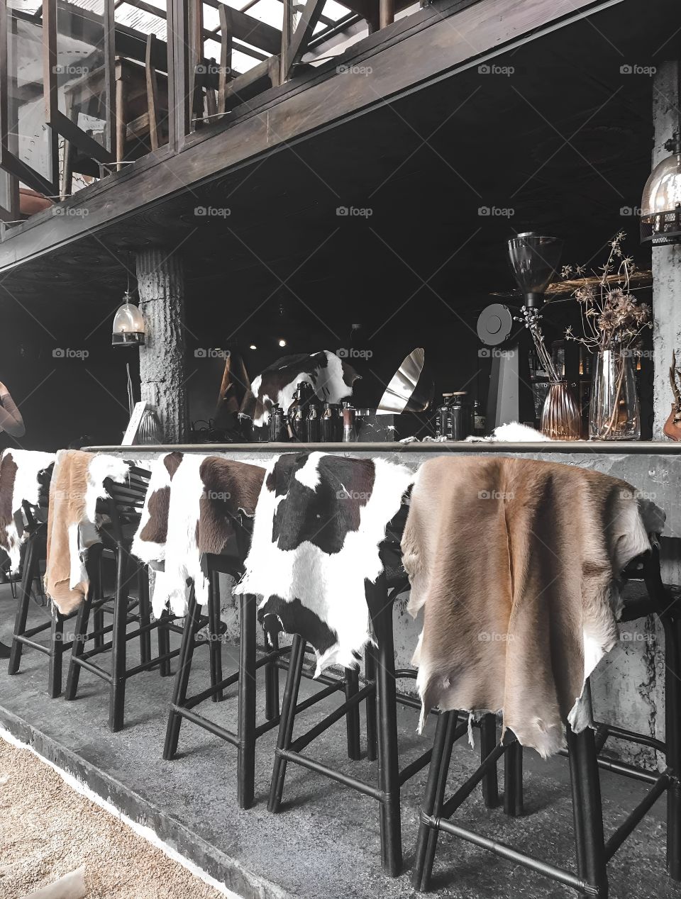 Bar seating covered in real cowhide