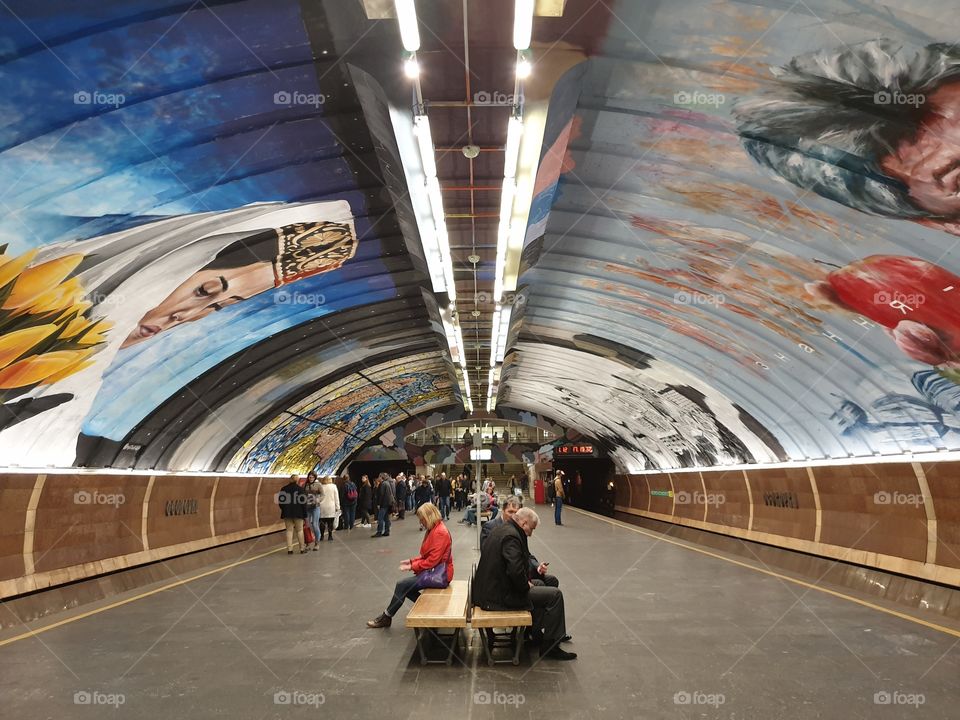 Paintings in the tube station "Osokorky" Kyiv Ukraine
