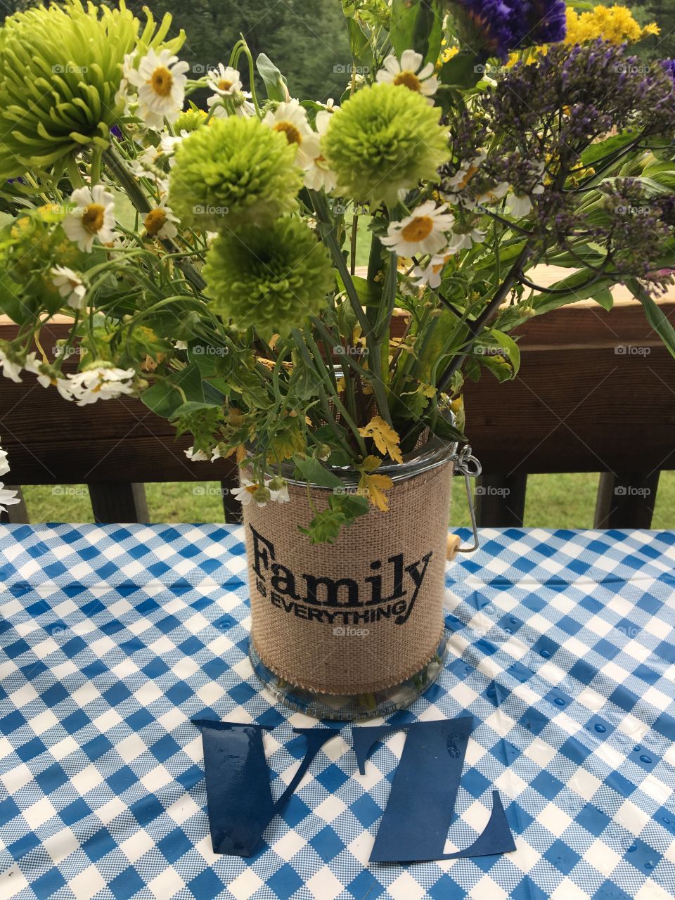 Family is Everything burlap Deco  vase with Flowers 
