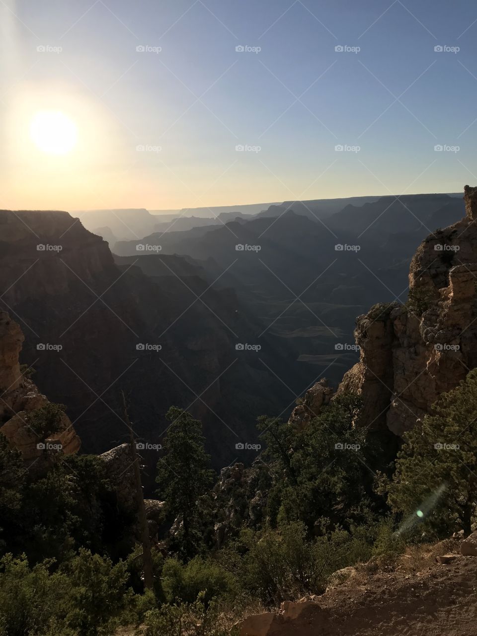 A beautiful, warm sunset in the Grand Canyon in Arizona. Summer vacation photography. 