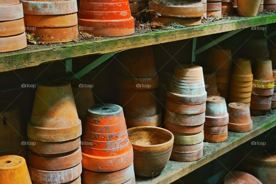 Empty Old Clay Pots In A Garden Shed