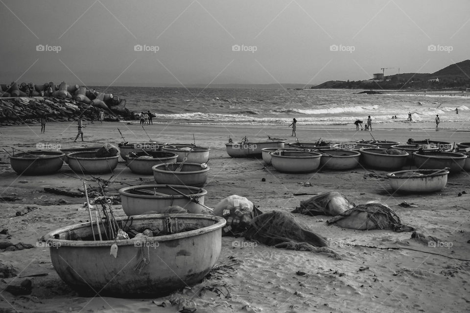 Round fishing boats on the beach in Hoi An, Vietnam 