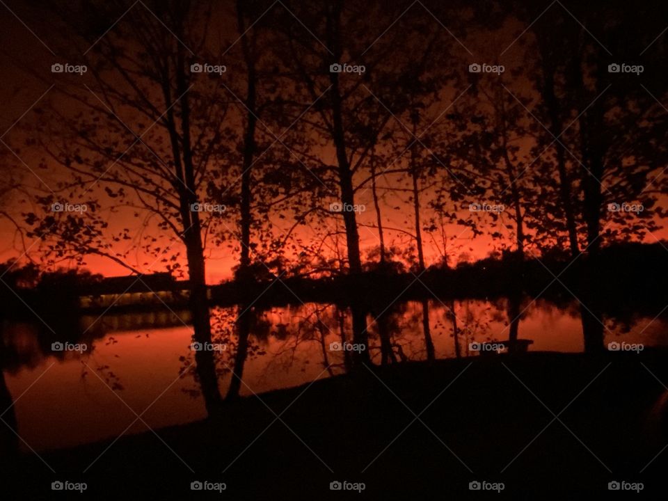 There is a Saying about Sailors of the Seas, Red Sky at Night Sailors Delight. Reflections of Landscape. Park Bench to Sit and Enjoy Evening Sunsets. 